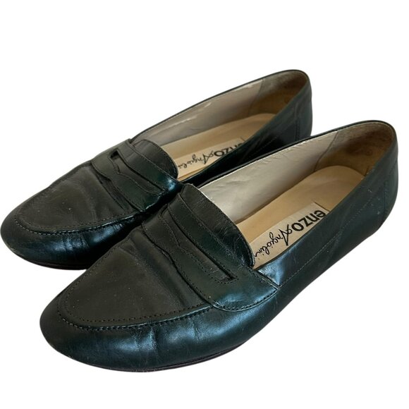 Enzo Angiolini Dark Green Leather Slip-on Loafers Flats Shoes Size 5 Women's - Picture 1 of 8